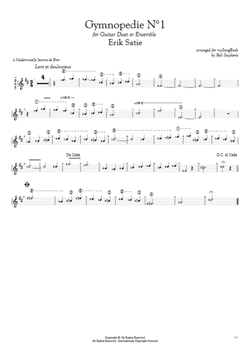 Gymnopédie N°1 in D Erik Satie guitar pro tab AGuitarI Guitar Duet mysongbook